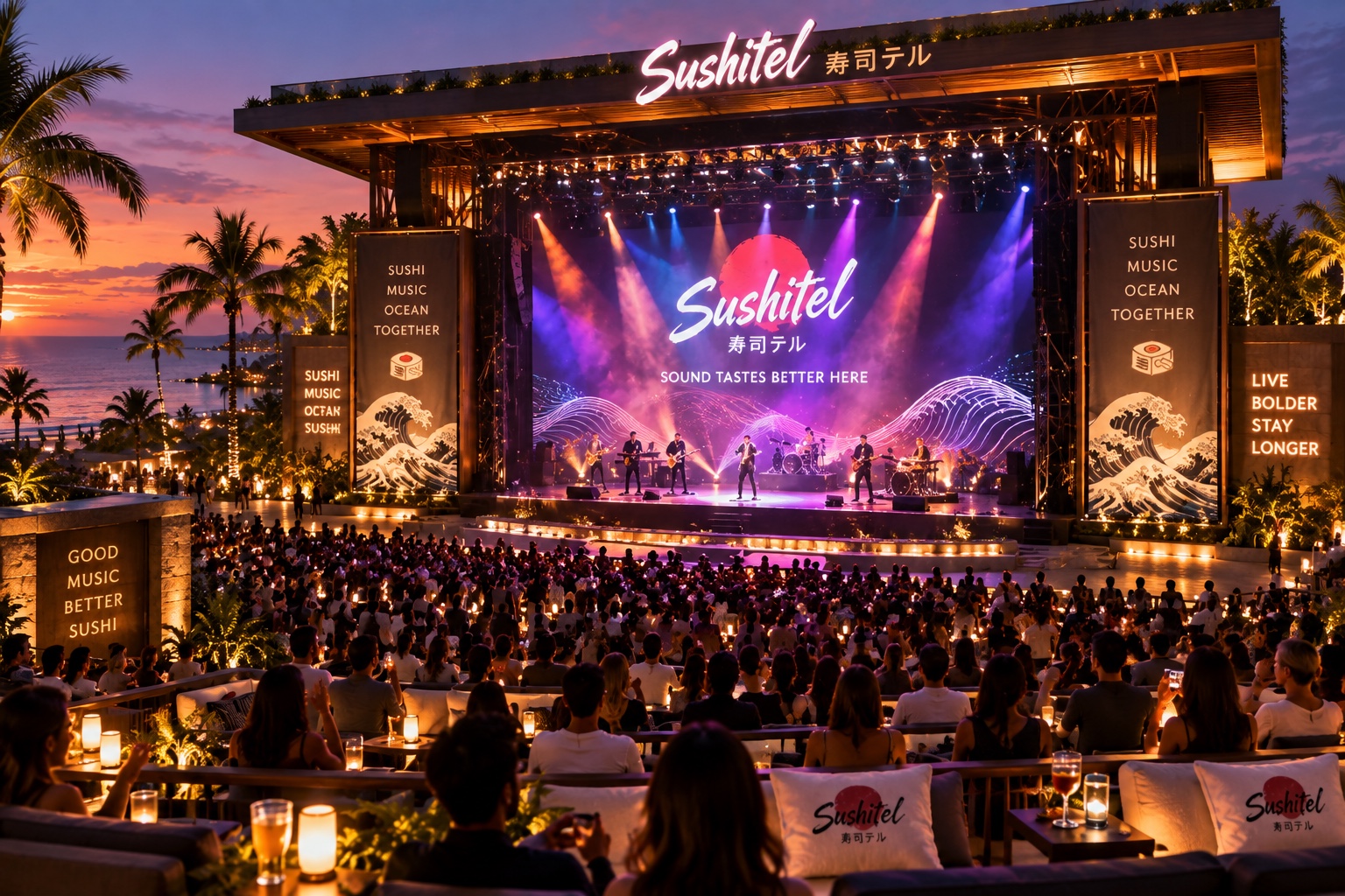 Sushitel beachfront amphitheater hosting a live concert