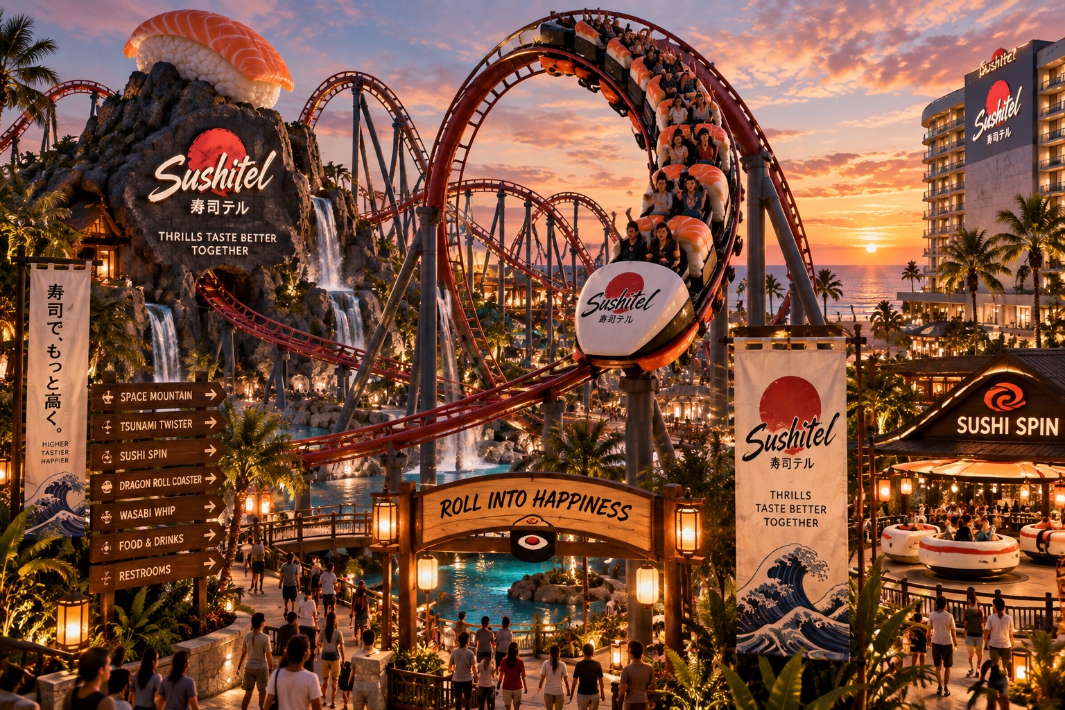 Sushitel amusement park with sushi-themed roller coasters