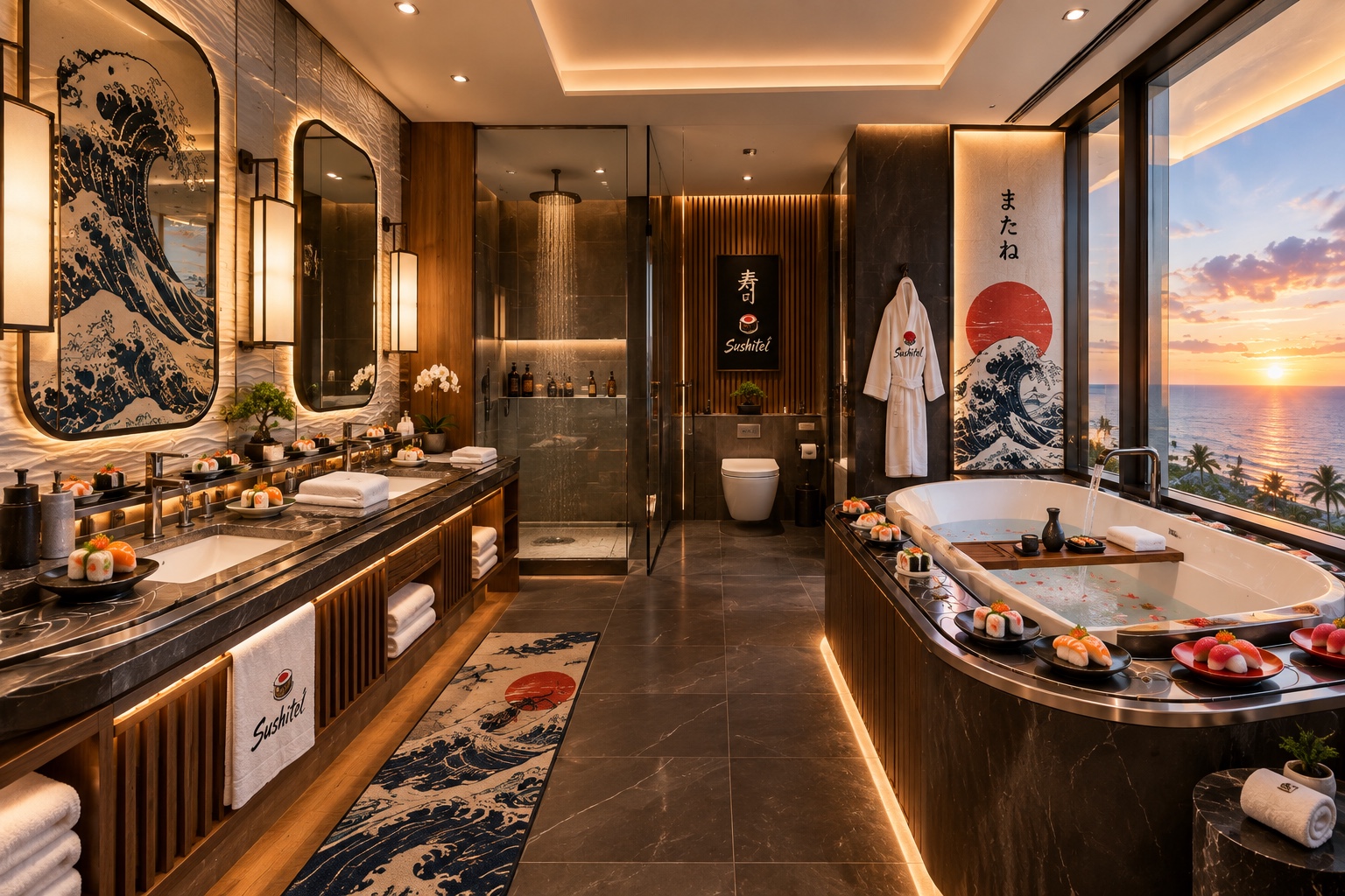 Luxury Sushitel bathroom with ocean view and sushi details