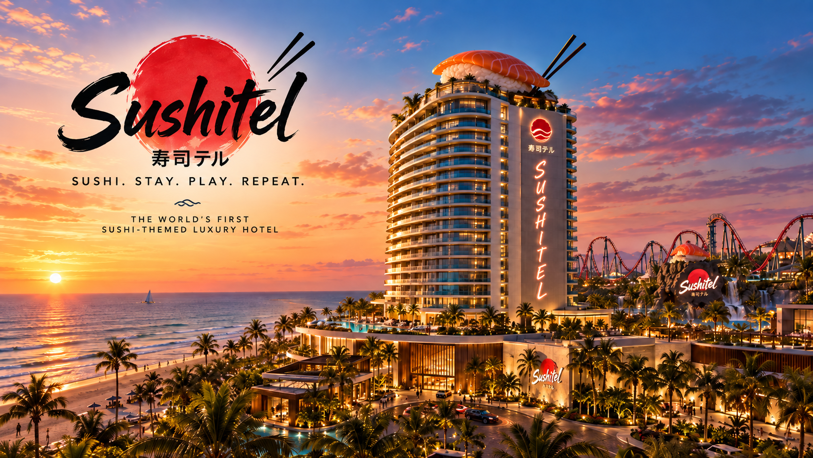 Sushitel oceanfront luxury hotel at sunset