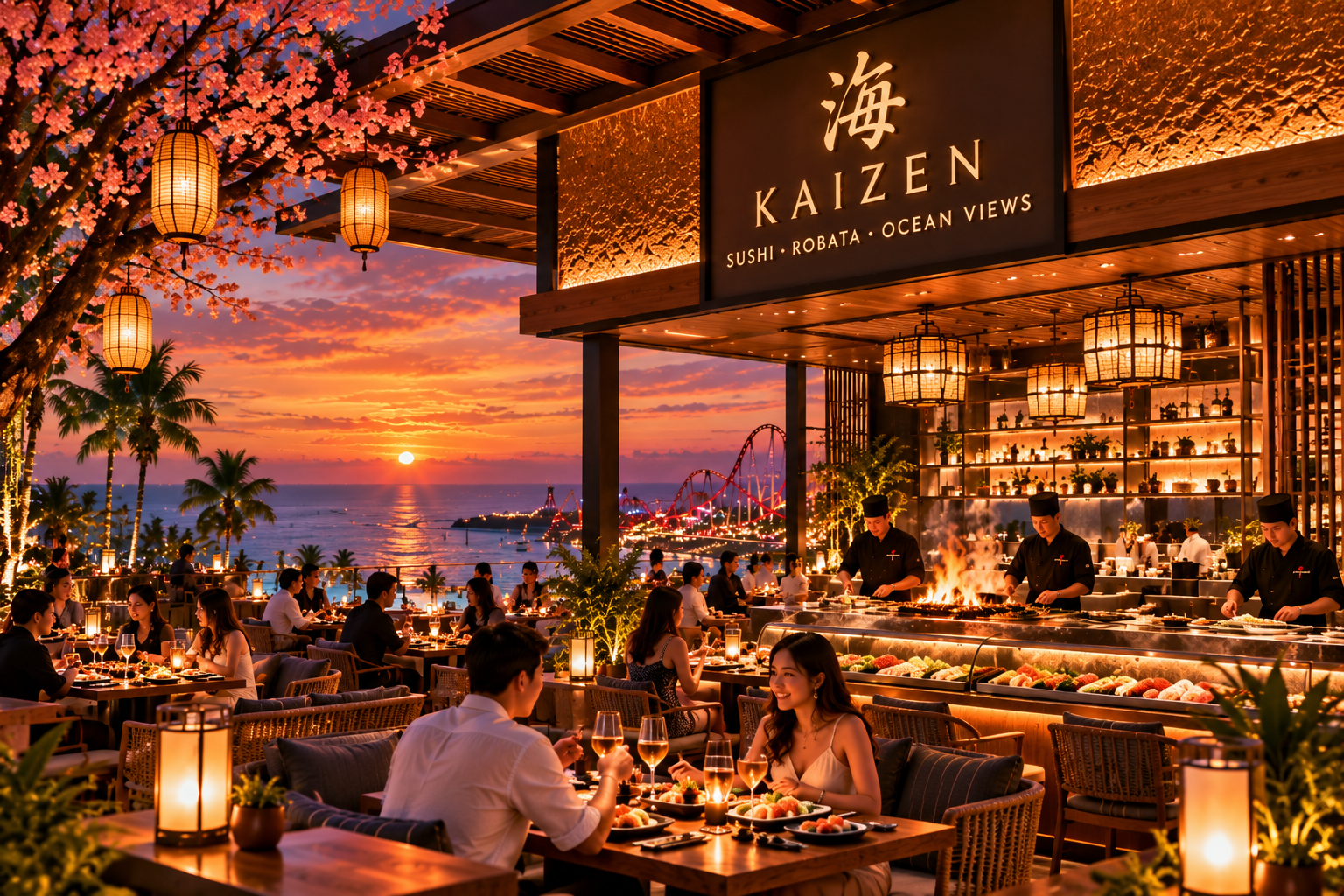 Kaizen sushi and robata restaurant overlooking the ocean at sunset