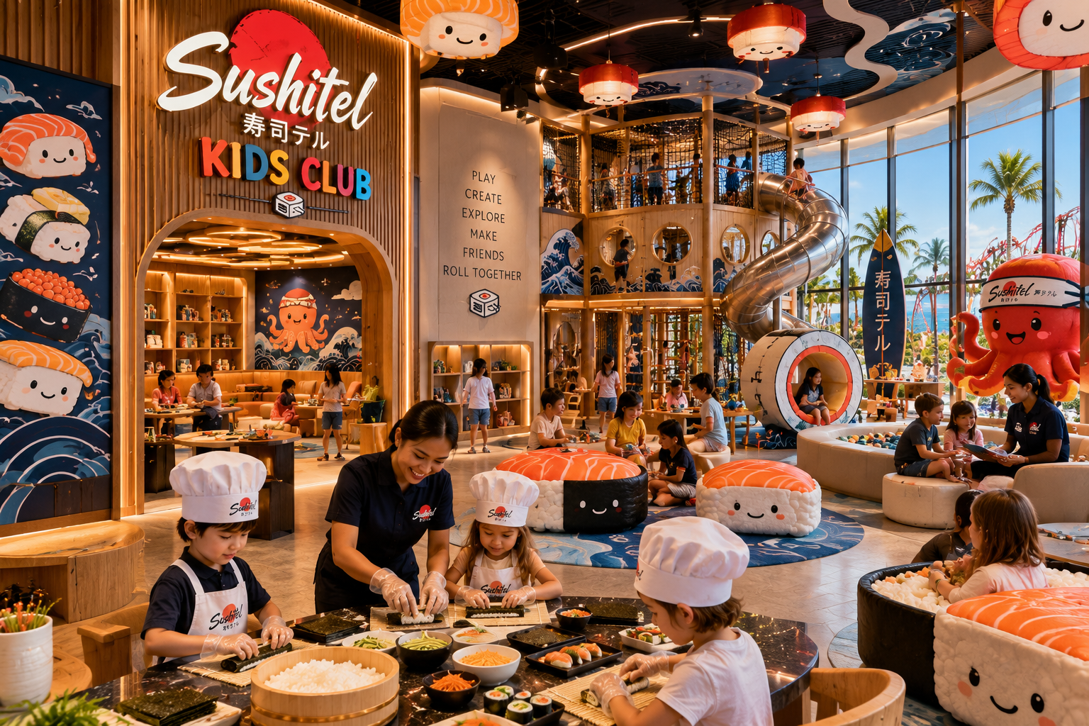 Sushitel Kids Club with sushi-themed play areas and sushi-making activities