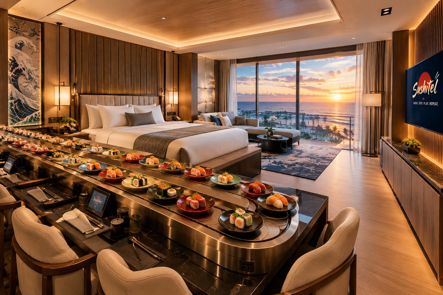 Luxury Sushitel oceanfront room with private sushi conveyor belt