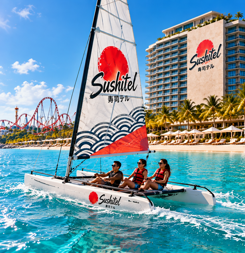 Sushitel branded sailboat on the resort lagoon