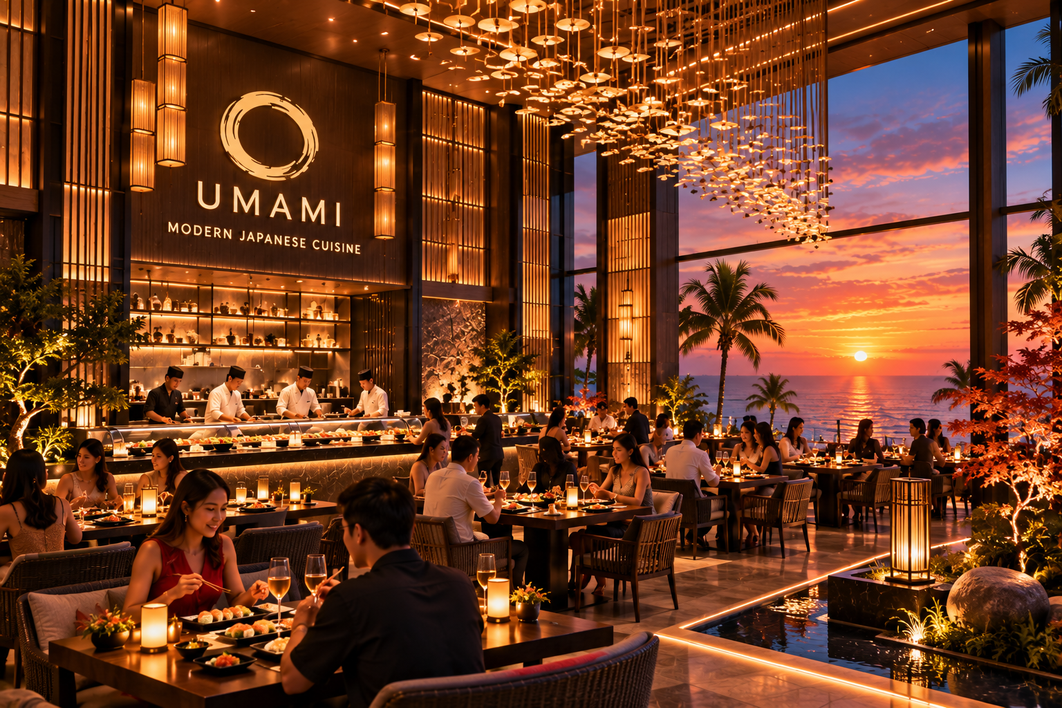 Umami modern Japanese restaurant overlooking the ocean at sunset